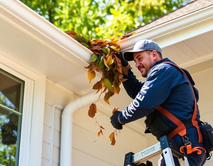 Cleaning leaves out of a residential gutter